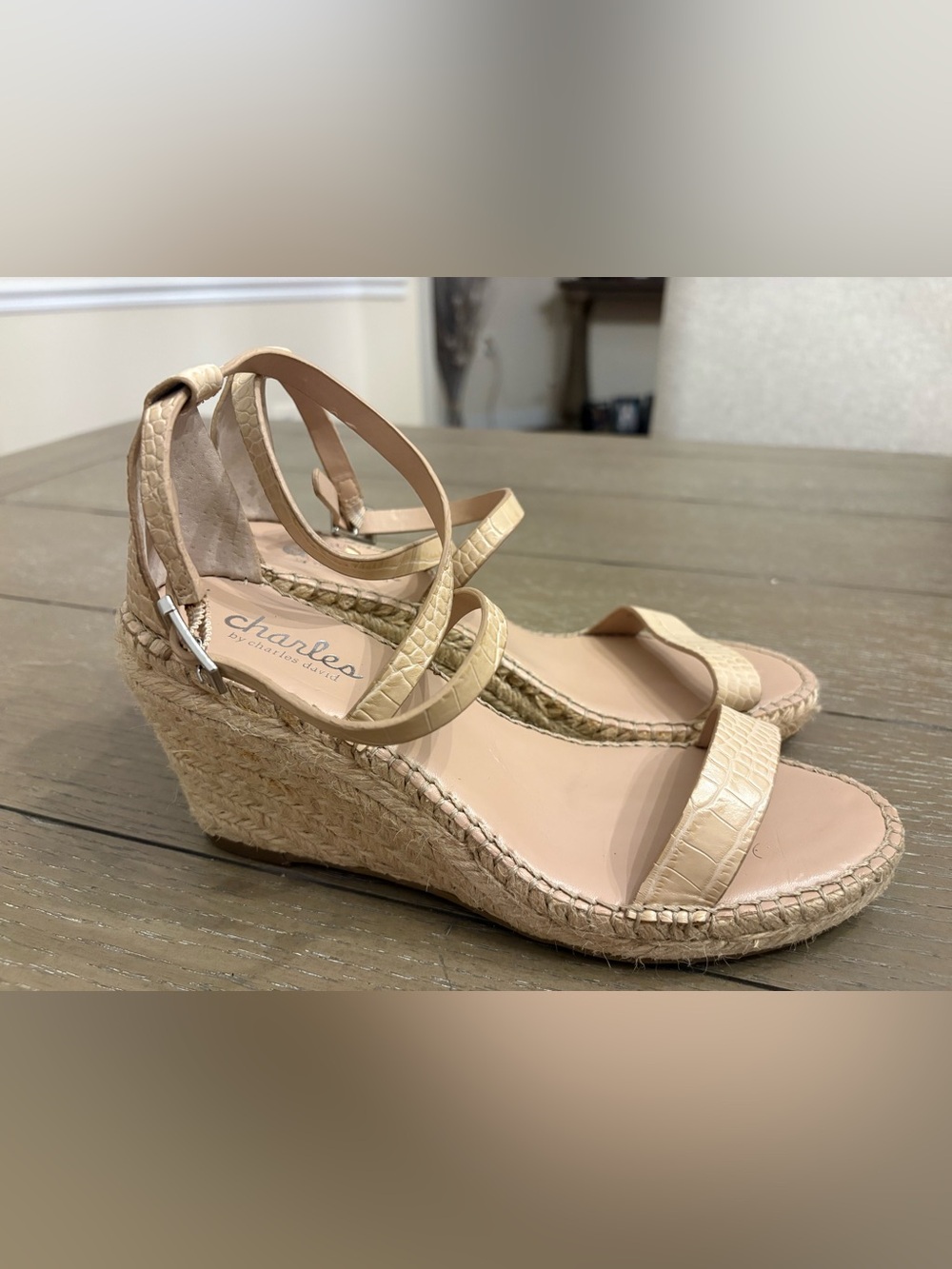 Charles By Charles David Beige Croc-Embossed Espadrille Wedge Sandals